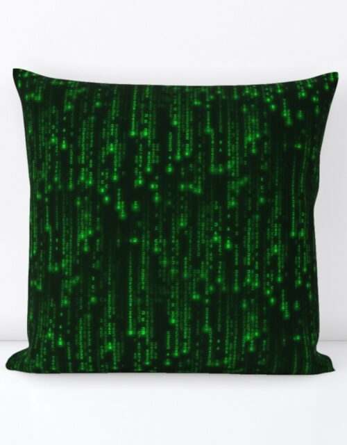Small Bright Neon Green Digital Rain Computer Code Square Throw Pillow