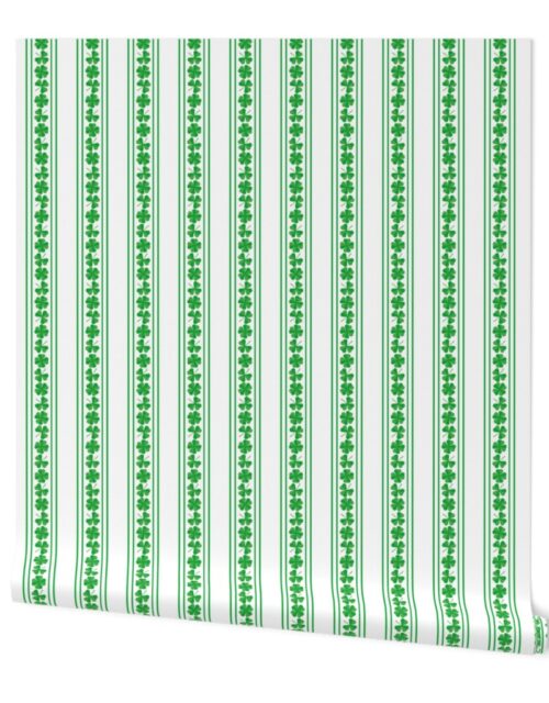 Double Striped St. Patricks 3 and 4-Leafed Shamrocks in Kelly Green on White Wallpaper