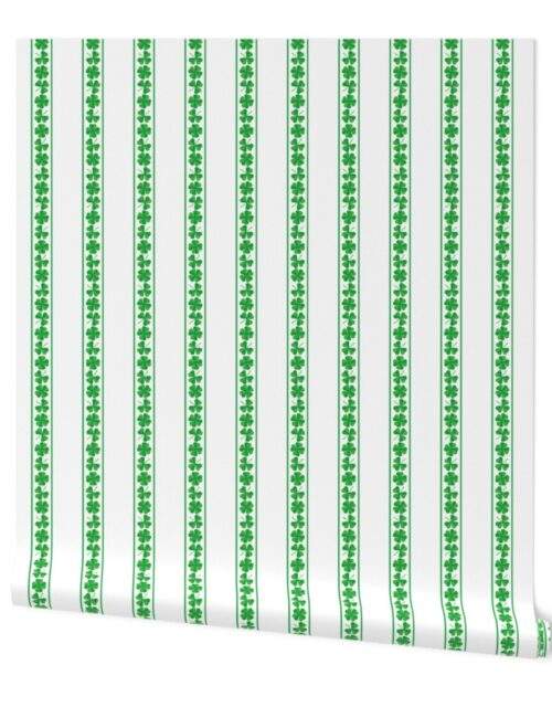Single  Striped St. Patricks 3 and 4-Leafed Shamrocks in Kelly Green on White Wallpaper
