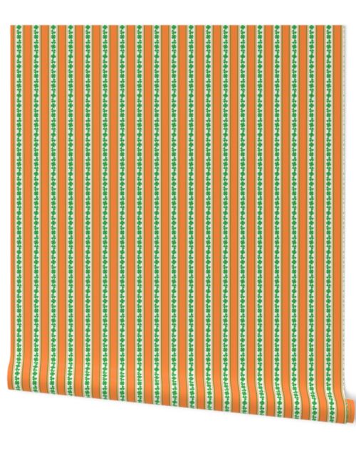 Double Striped Green and Orange St. Patricks 3 and 4-Leafed Shamrocks in Kelly Green on Orange Wallpaper