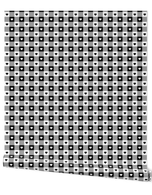 Black and White Valentines Gingham Check with Center Hearts in Black and White Wallpaper