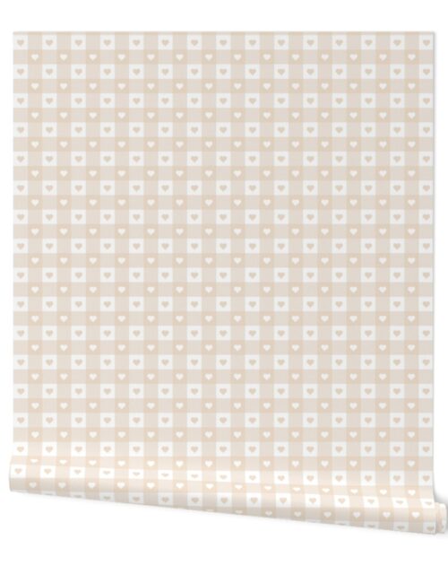 Valentines Natural and White Gingham Check with Center Heart Medallions in Natural and White Wallpaper