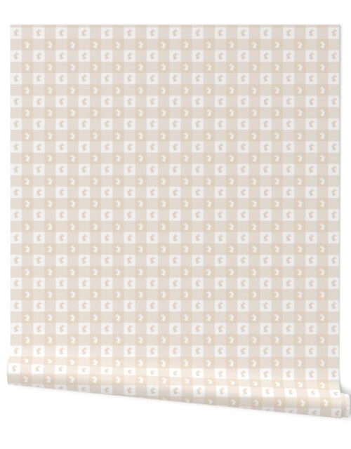 Natural and White Gingham Check with Center Bunny Medallions in Natural and White Wallpaper