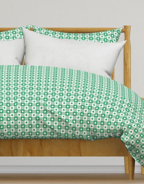 Kelly  and White Gingham Check with Center Shamrock Medallions in Kelly and White Duvet Cover