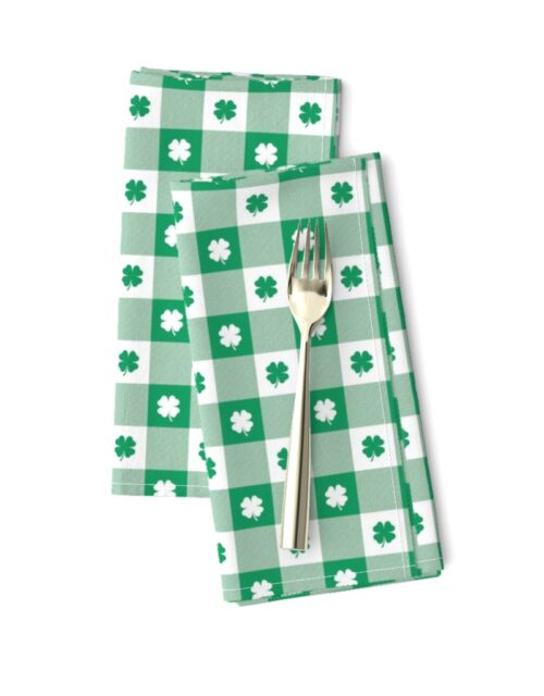 Kelly  and White Gingham Check with Center Shamrock Medallions in Kelly and White Dinner Napkins