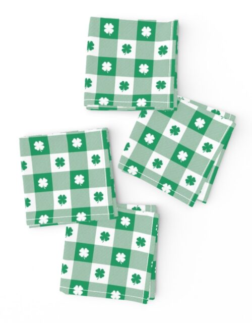 Kelly  and White Gingham Check with Center Shamrock Medallions in Kelly and White Cocktail Napkins