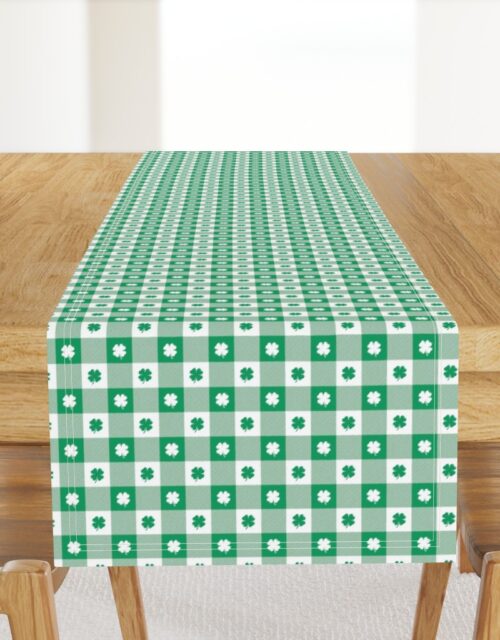 Kelly  and White Gingham Check with Center Shamrock Medallions in Kelly and White Table Runner