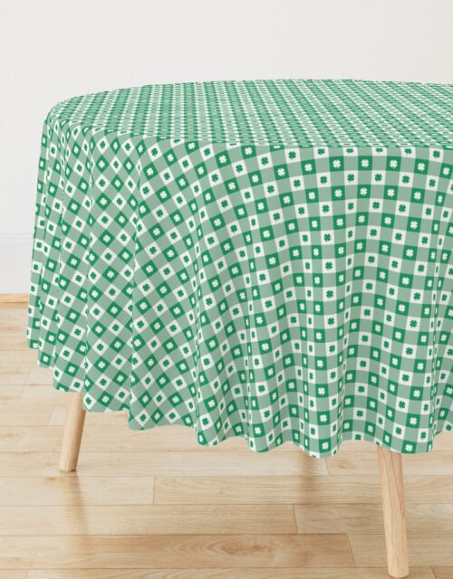 Kelly  and White Gingham Check with Center Shamrock Medallions in Kelly and White Round Tablecloth