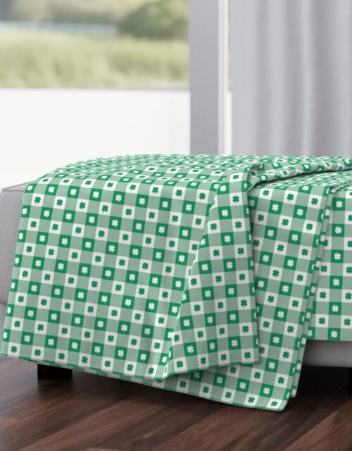 Kelly  and White Gingham Check with Center Shamrock Medallions in Kelly and White Throw Blanket