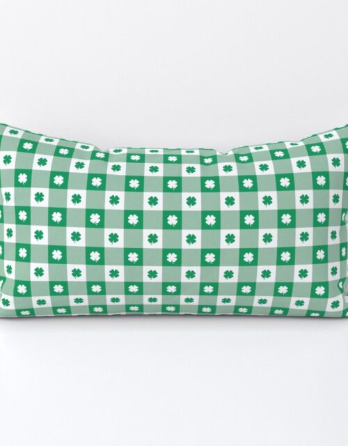 Kelly  and White Gingham Check with Center Shamrock Medallions in Kelly and White Lumbar Throw Pillow