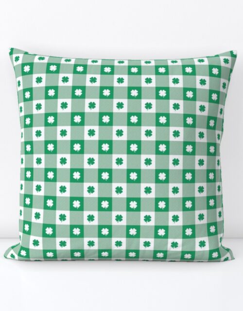 Kelly  and White Gingham Check with Center Shamrock Medallions in Kelly and White Square Throw Pillow