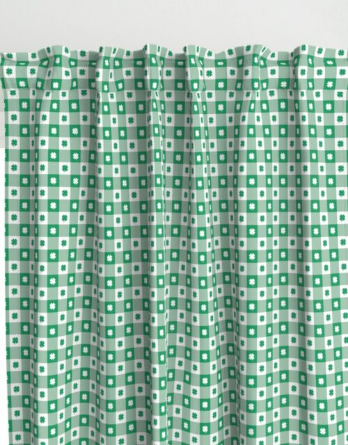 Kelly  and White Gingham Check with Center Shamrock Medallions in Kelly and White Curtains