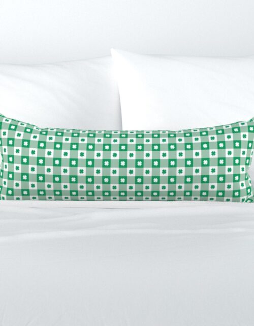 Kelly  and White Gingham Check with Center Shamrock Medallions in Kelly and White Extra Long Lumbar Pillow