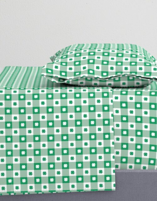 Kelly  and White Gingham Check with Center Shamrock Medallions in Kelly and White Sheet Set