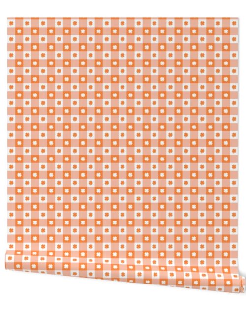 Orange and White Gingham Check with Center Shamrock Medallions in White and Orange Wallpaper