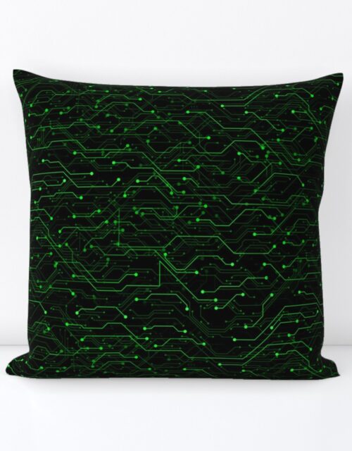 Small Bright Green Neon Computer Motherboard Circuitry Square Throw Pillow