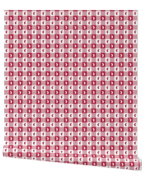 White  and Magenta Gingham Check with Center Bunny Medallions in White  and Magenta Wallpaper