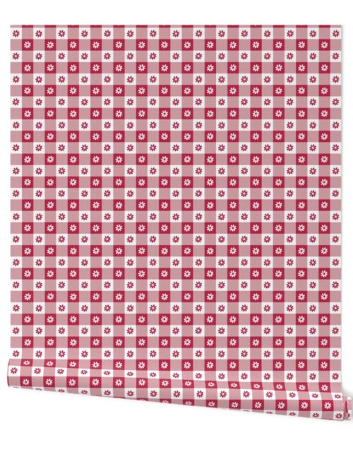 White  and Magenta Gingham Check with Center Flowers Medallions in White  and Magenta Wallpaper