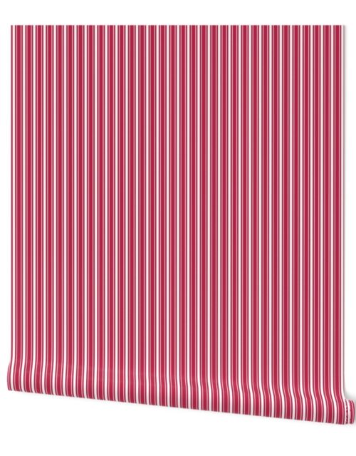 Two-Tone Color of the Year Viva Magenta with Tonal Vertical Narrow Ticking Stripes Wallpaper