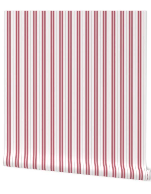 Color of the Year Viva Magenta with White Vertical Mattress Ticking Stripes Wallpaper