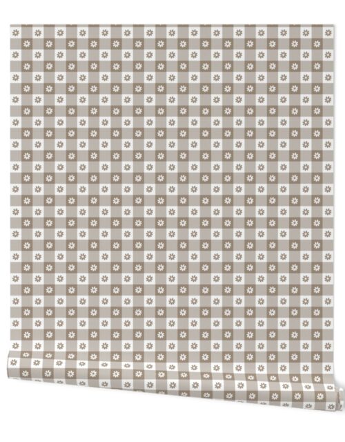 Mushroom  and White Gingham Floral Check with Center Floral Medallions in Mushroom and White Wallpaper