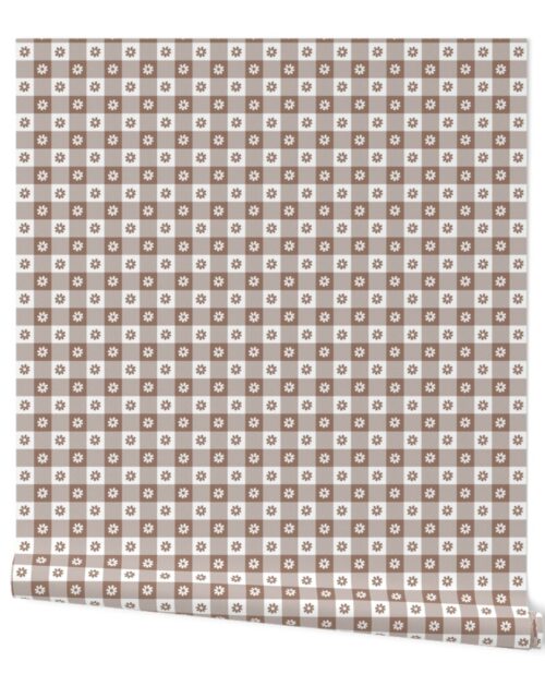 Mocha  and White Gingham Floral Check with Center Floral Medallions in Mocha and White Wallpaper