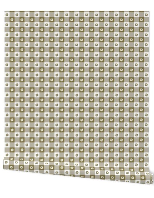 Moss  and White Gingham Floral Check with Center Floral Medallions in Moss and White Wallpaper