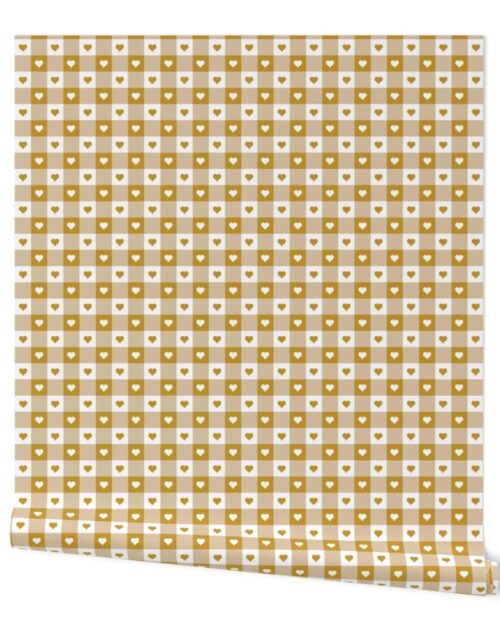 Mustard and White Gingham Valentines Check with Center Heart Medallions in Mustard and White Wallpaper