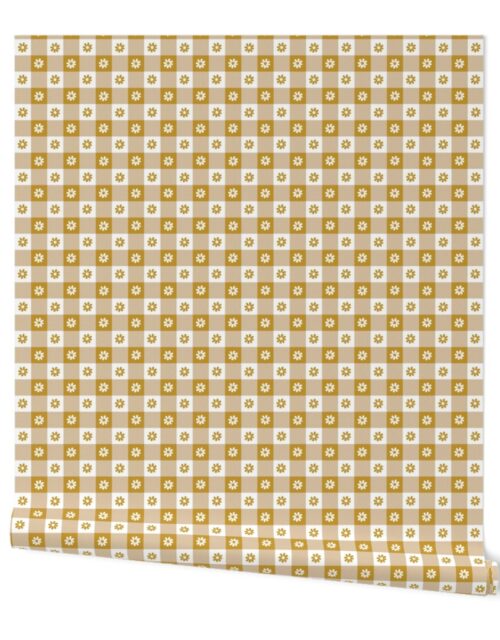 Mustard  and White Gingham Floral Check with Center Floral Medallions in Mustard and White Wallpaper
