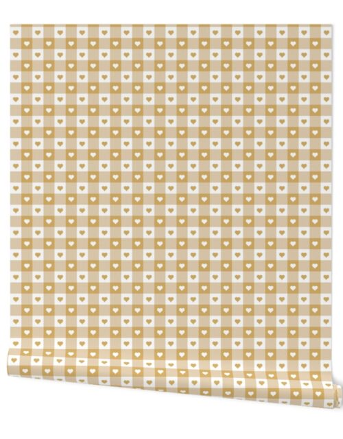 Honey and White Gingham Valentines Check with Center Heart Medallions in Honey and White Wallpaper