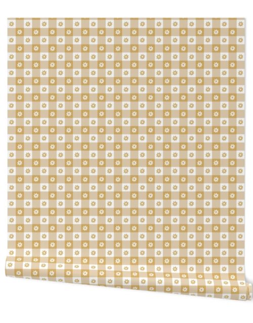 Honey  and White Gingham Floral Check with Center Floral Medallions in Honey and White Wallpaper