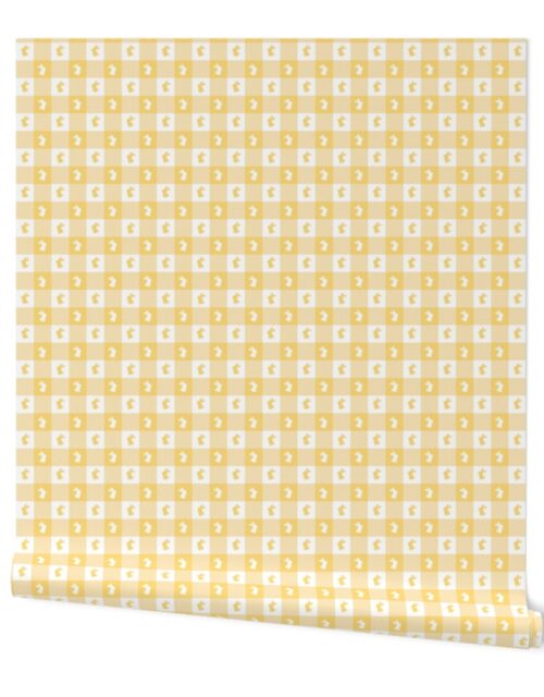 Buttercup and White Gingham Easter Check with Center Bunny Medallions in Buttercup and White Wallpaper