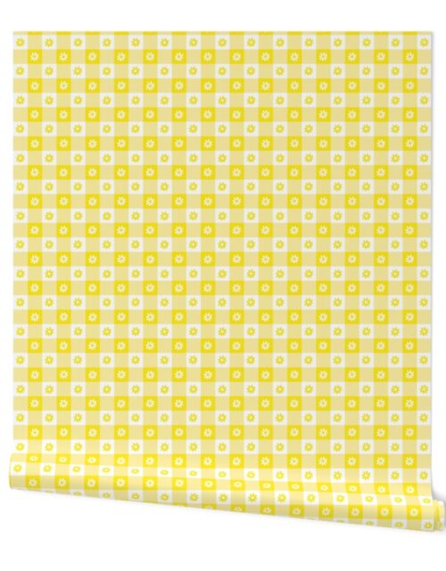 Lemon Lime  and White Gingham Floral Check with Center Floral Medallions in Lemon lime and White Wallpaper