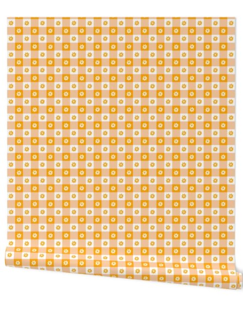 Marigold  and White Gingham Floral Check with Center Floral Medallions in Marigold and White Wallpaper