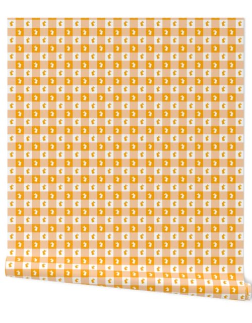 Marigold and White Gingham Easter Check with Center Bunny Medallions in Marigold and White Wallpaper