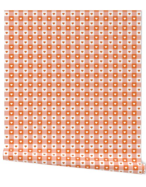 Carrot and White Gingham Valentines Check with Center Heart Medallions in Carrot and White Wallpaper