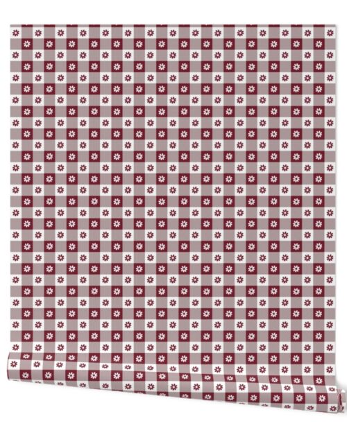 Wine  and White Gingham Floral Check with Center Floral Medallions in Wine and White Wallpaper