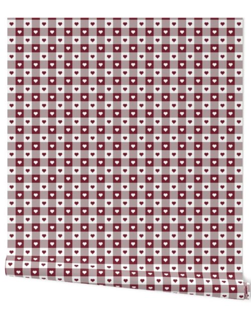Wine and White Gingham Valentines Check with Center Heart Medallions in Wine and White Wallpaper