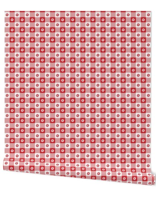 Poppy Red  and White Gingham Floral Check with Center Floral Medallions in Poppy Red and White Wallpaper