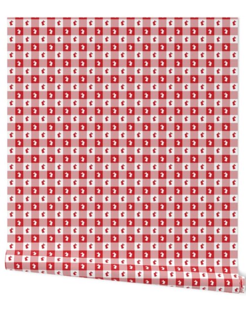 Poppy Red and White Gingham Easter Check with Center Bunny Medallions in Poppy Red and White Wallpaper