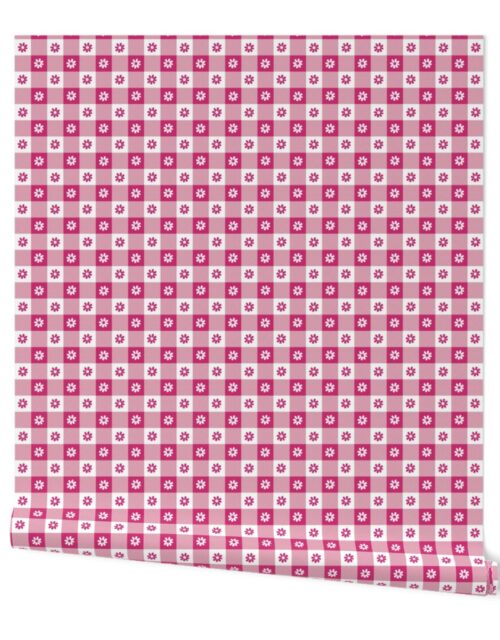 Bubble Gum  and White Gingham Floral Check with Center Floral Medallions in Bubble Gum and White Wallpaper
