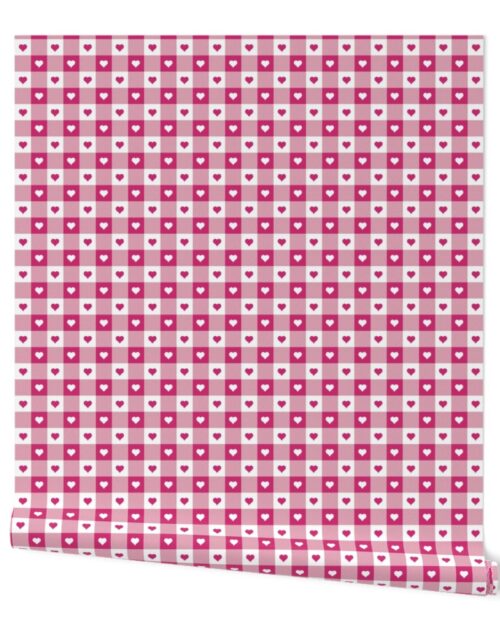 Bubble Gum and White Gingham Valentines Check with Center Heart Medallions in Bubble Gum and White Wallpaper