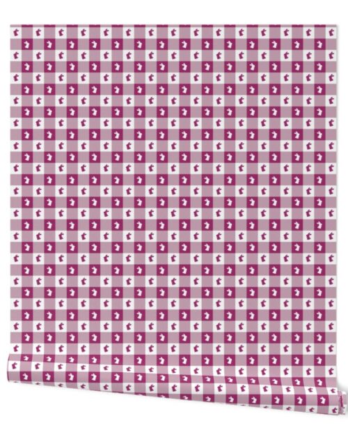 Berry and White Gingham Easter Check with Center Bunny Medallions in Berry and White Wallpaper