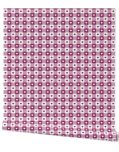 Berry and White Gingham Valentines Check with Center Heart Medallions in Berry and White Wallpaper