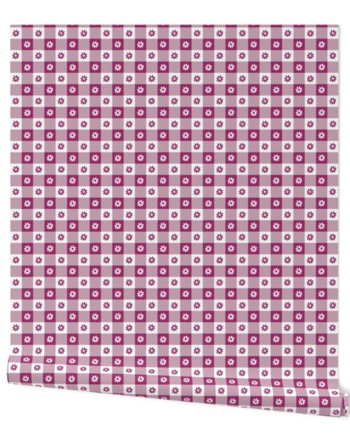 Berry  and White Gingham Floral Check with Center Floral Medallions in Berry and White Wallpaper