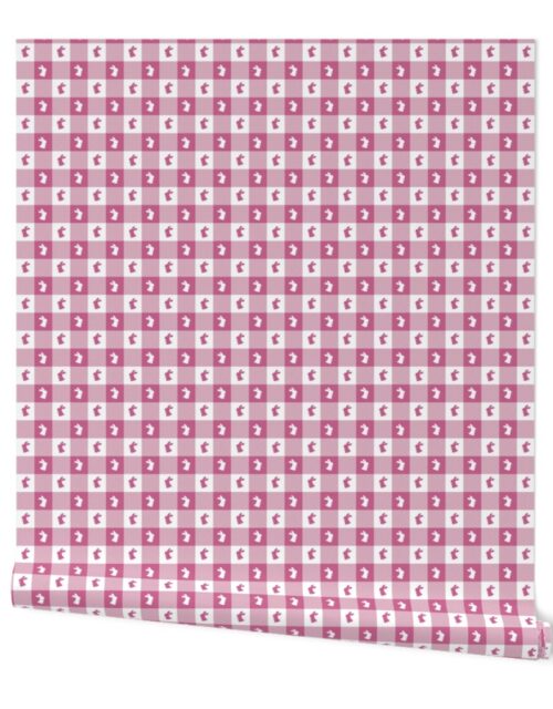 Peony and White Gingham Easter Check with Center Bunny Medallions in Peony and White Wallpaper
