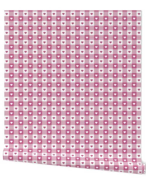 Peony and White Gingham Valentines Check with Center Heart Medallions in Peony and White Wallpaper