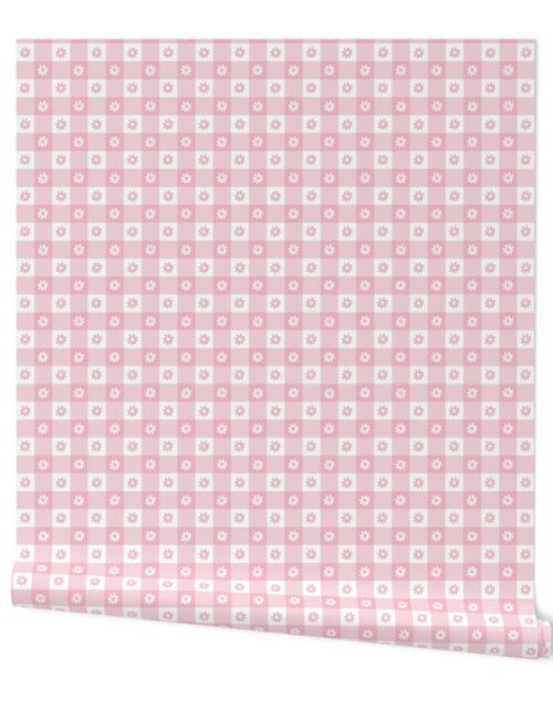 Cotton Candy  and White Gingham Floral Check with Center Floral Medallions in Cotton Candy and White Wallpaper