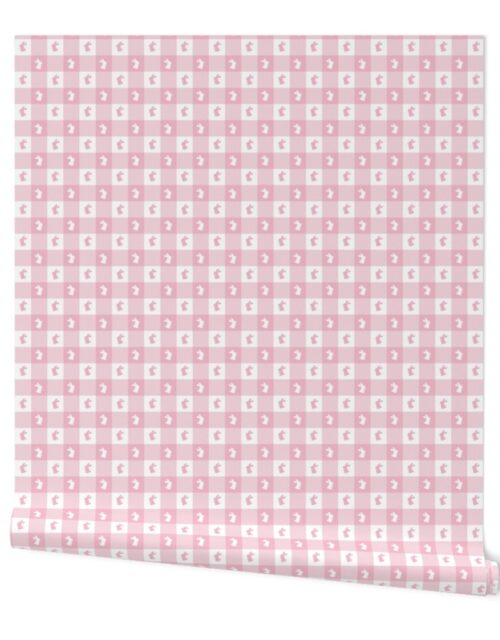 Cotton Candy and White Gingham Easter Check with Center Bunny Medallions in Cotton Candy and White Wallpaper