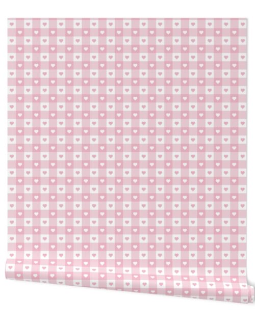 Cotton Candy and White Gingham Valentines Check with Center Heart Medallions in Cotton Candy and White Wallpaper